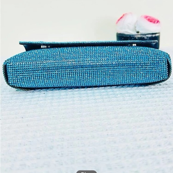 Rhinestone Crystal crossbody metallic wallet chain woc bag purse blue aqua - Picture 7 of 9